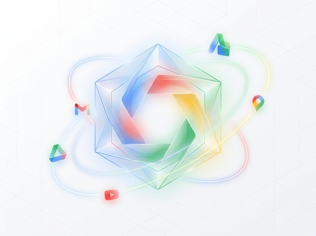 Google Gemini AI Review 2026: Full Specs, Pros, Cons & Pricing Geometric gem shape with orbiting app icons representing Google Gemini's ecosystem integration