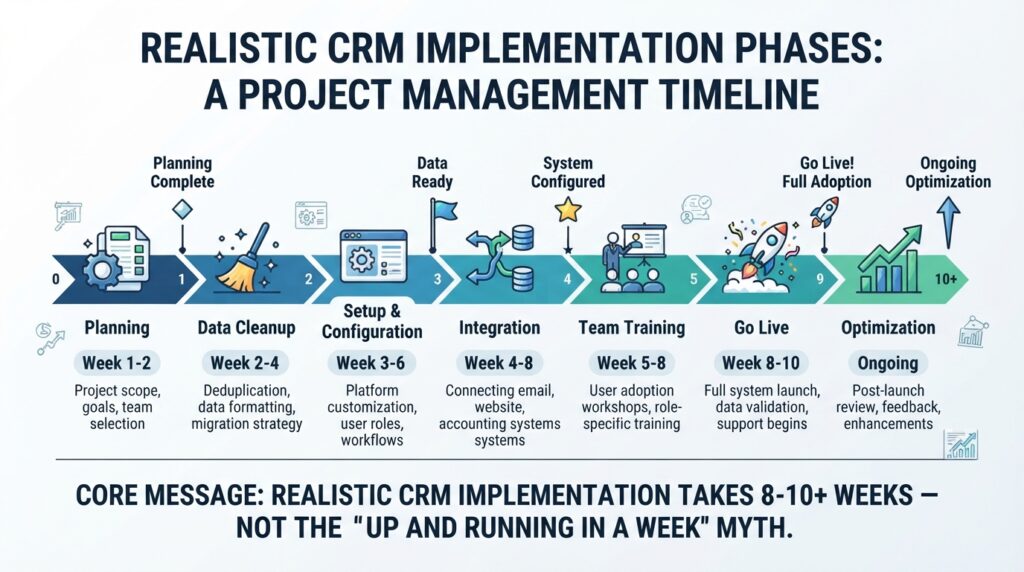 CRM implementation timeline infographic showing phases and typical durations