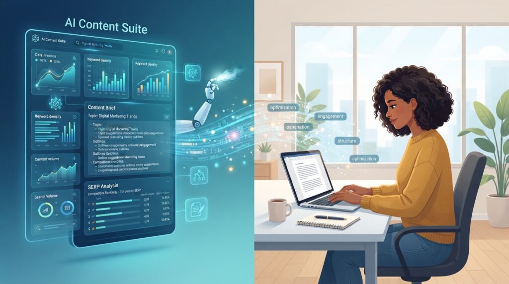 AI Content Writing for SEO Small Business: 7 Proven Tips to Rank Higher in 2026 AI content writing for SEO small business featured image showing AI interface and human writer collaborating on content