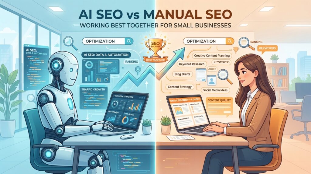 AI SEO vs Manual SEO for Small Businesses: Which Approach Delivers Better Results in 2026? AI SEO vs manual SEO comparison featured image showing robot and human working on SEO side by side