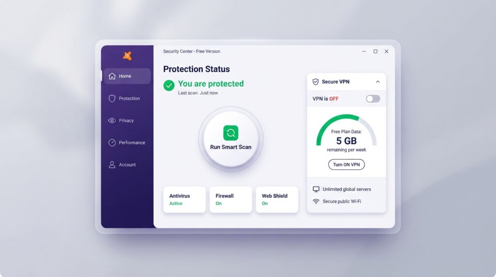 "Avast One Essential interface with free VPN meter"