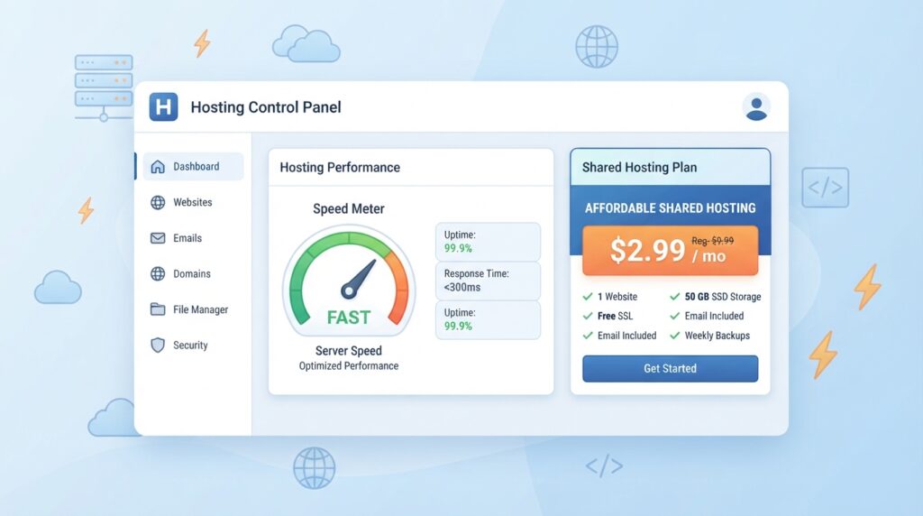 Hostinger hosting dashboard and pricing plan illustration