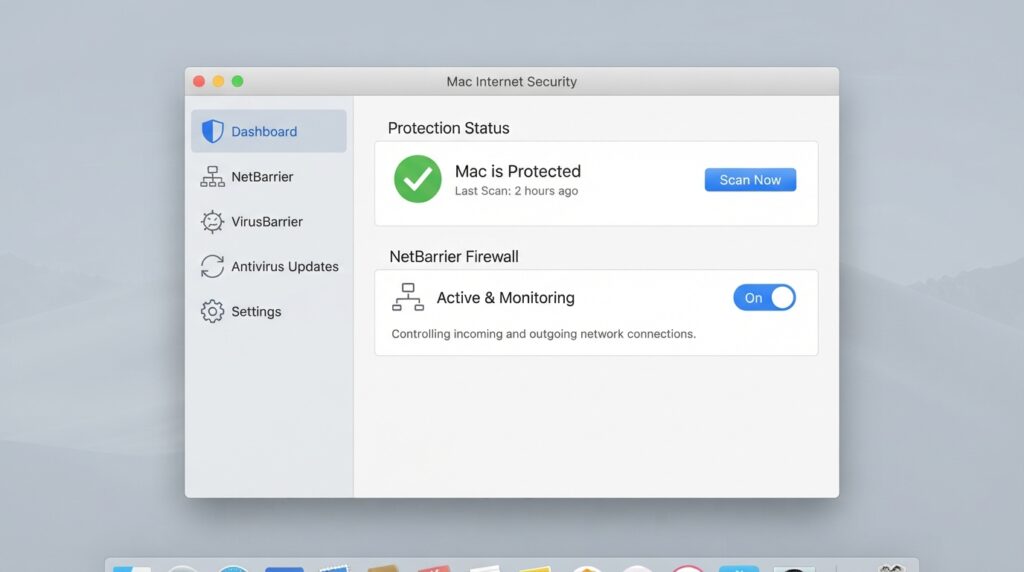 "Intego Mac Internet Security X9 dashboard with firewall toggle"