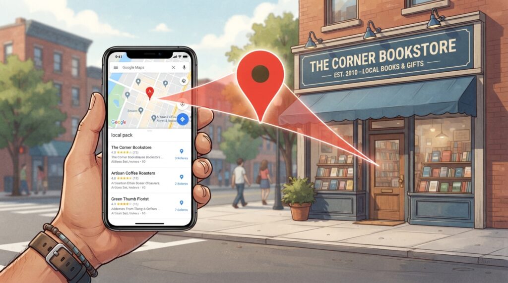 Local SEO for Small Businesses: 7 Proven Steps to Rank Locally in 2026 Local SEO for small businesses featured image showing Google Maps pin and small business storefront with smartphone displaying local search results