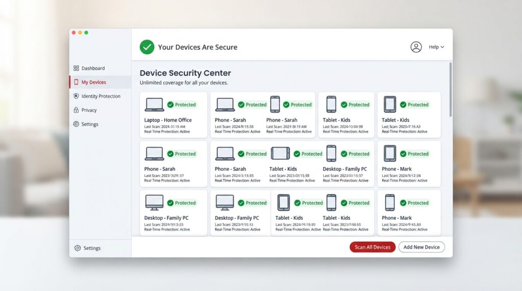"McAfee Total Protection device list with many connected devices"