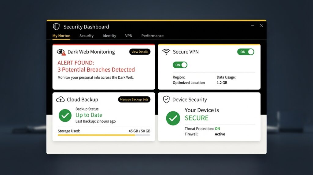 "Norton 360 Deluxe dashboard with dark web alerts"