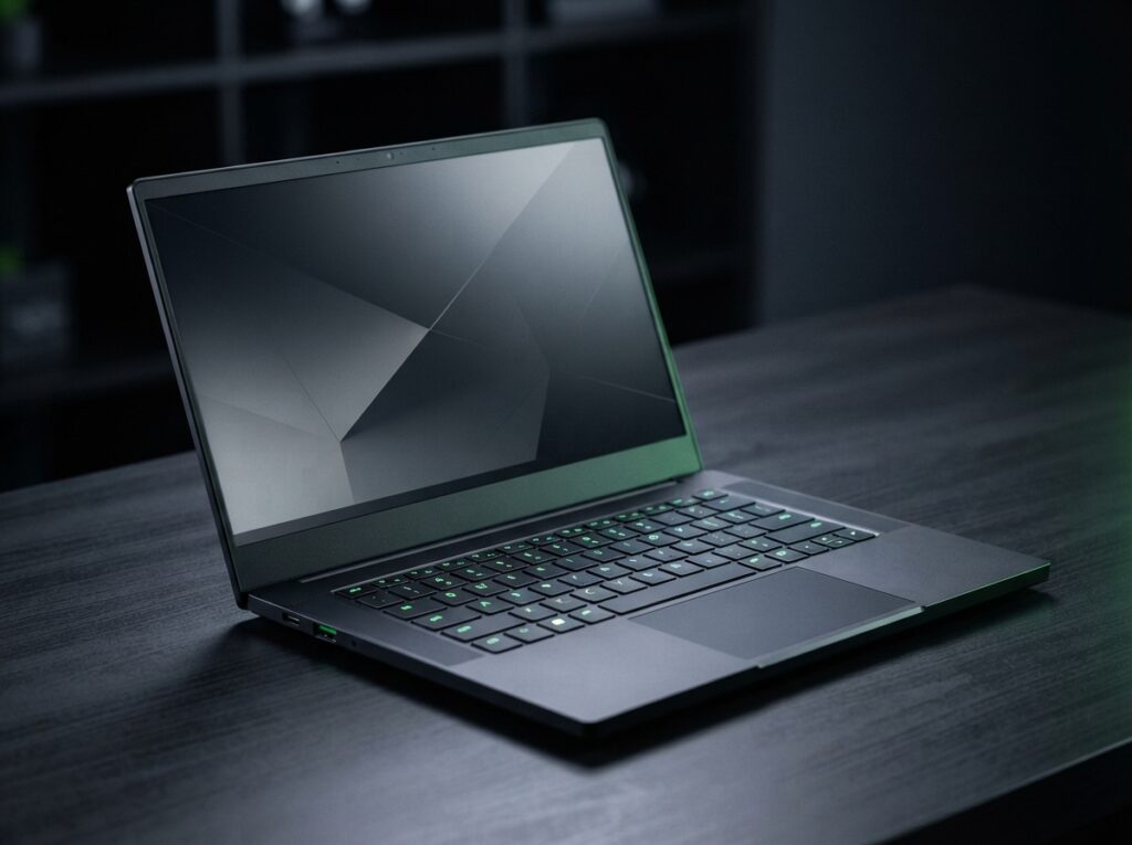 Razer Blade 14 laptop showing CNC aluminum chassis and backlit keyboard.
