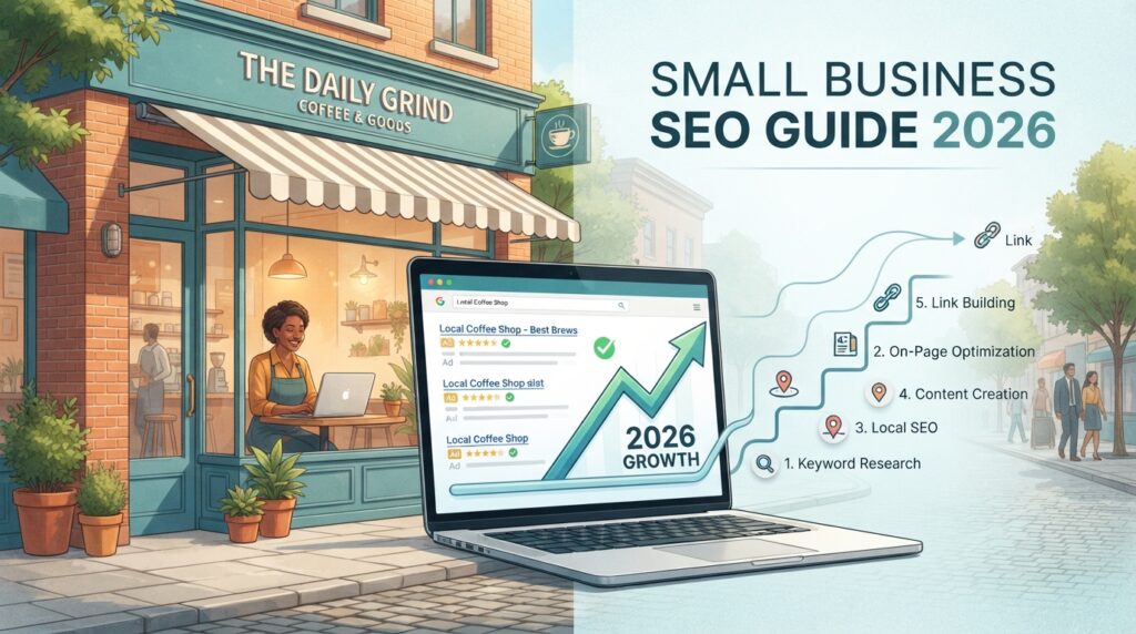 Small business SEO guide 2026 featured image showing website on laptop with search engine results and small business storefront