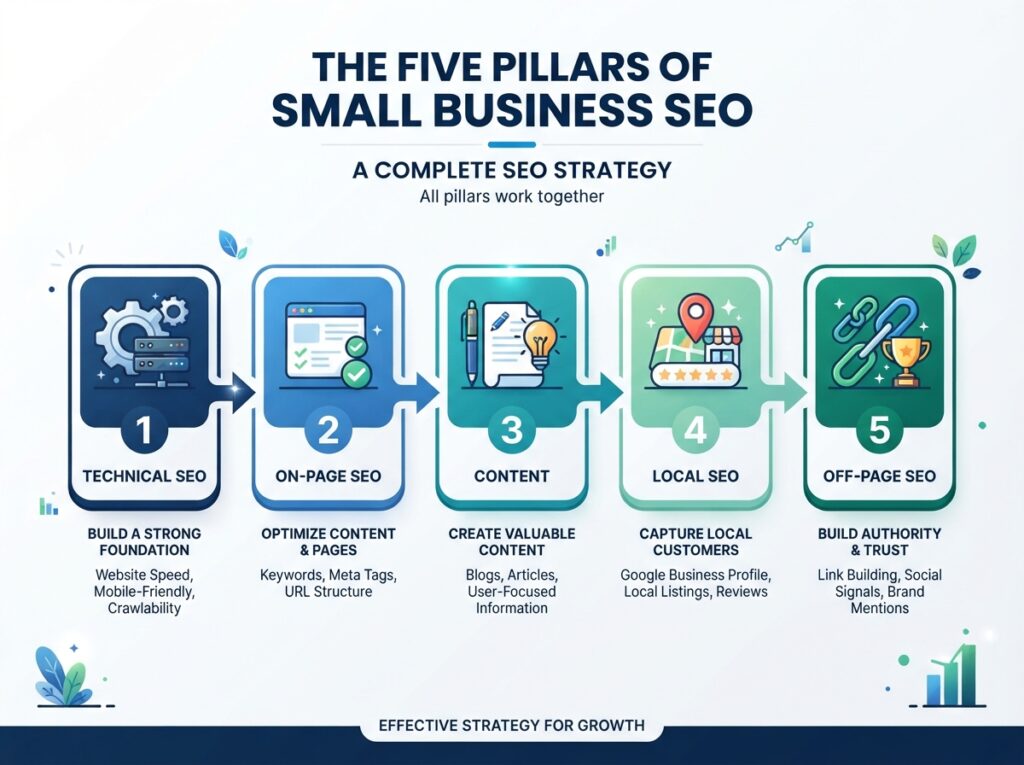 Small business SEO guide 2026 process flowchart showing the five pillars of SEO from foundation to growth