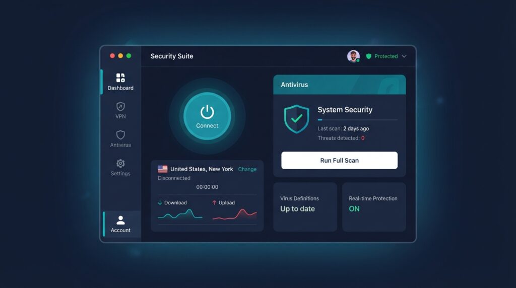 "Surfshark Antivirus dashboard with VPN connection status"